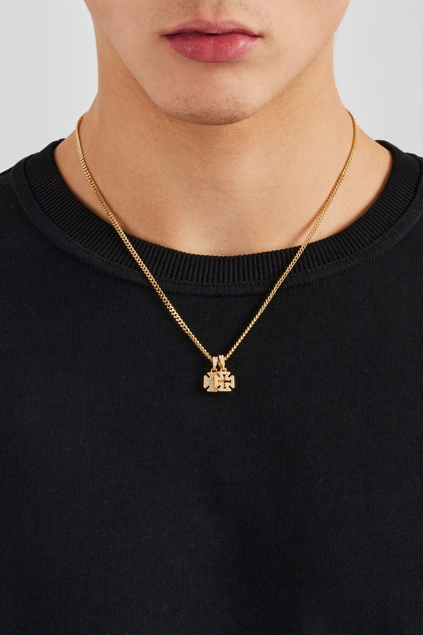 Iced Double Cross Motif Cuban Necklace - 10mm - Gold