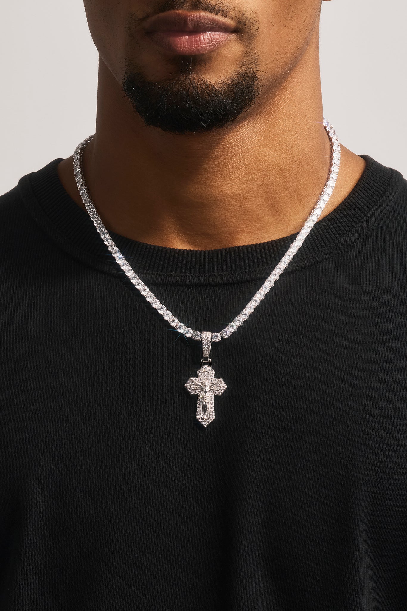 Iced Jesus Cross Pendant Tennis Necklace - 35mm - White