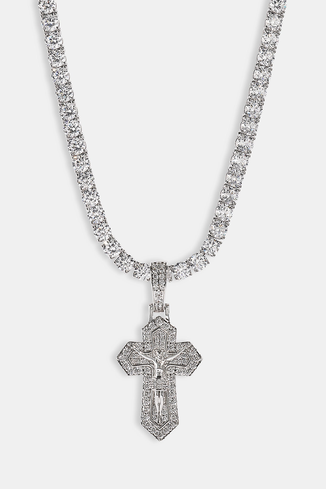 Iced Jesus Cross Pendant Tennis Necklace - 35mm - White