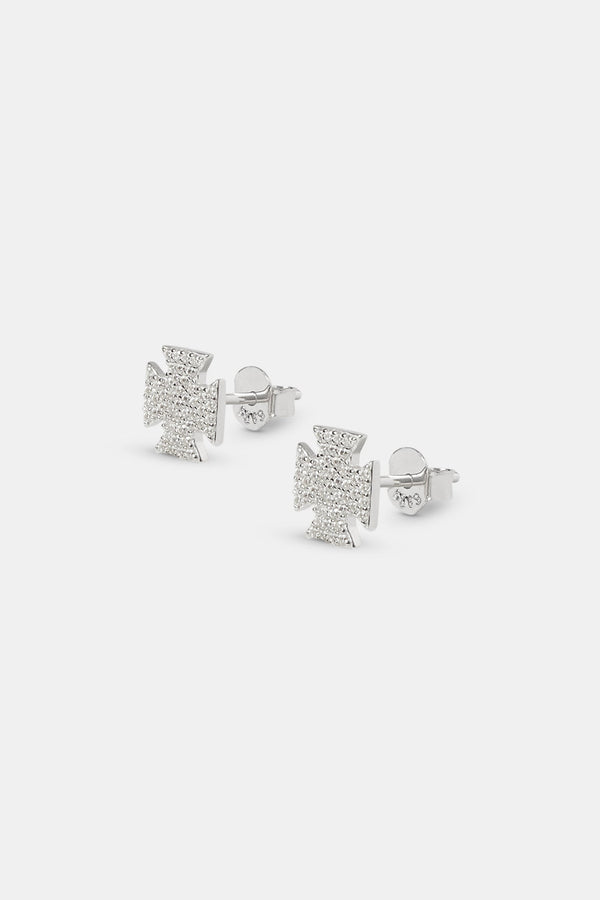 Iced Cross Motif Stud Earrings - 8mm