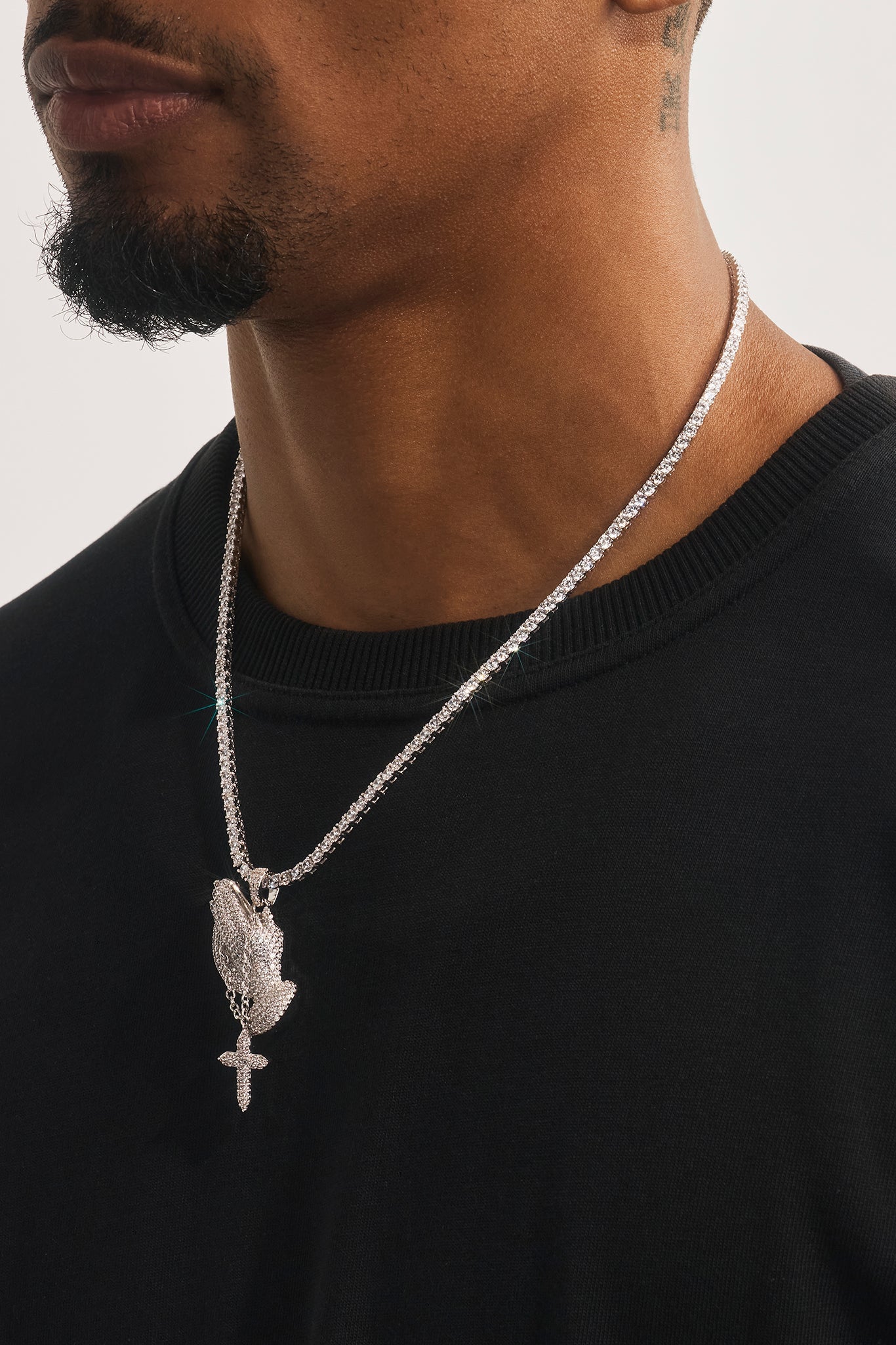 Iced Cross Praying Hands Pendant Tennis Necklace - 35mm - White