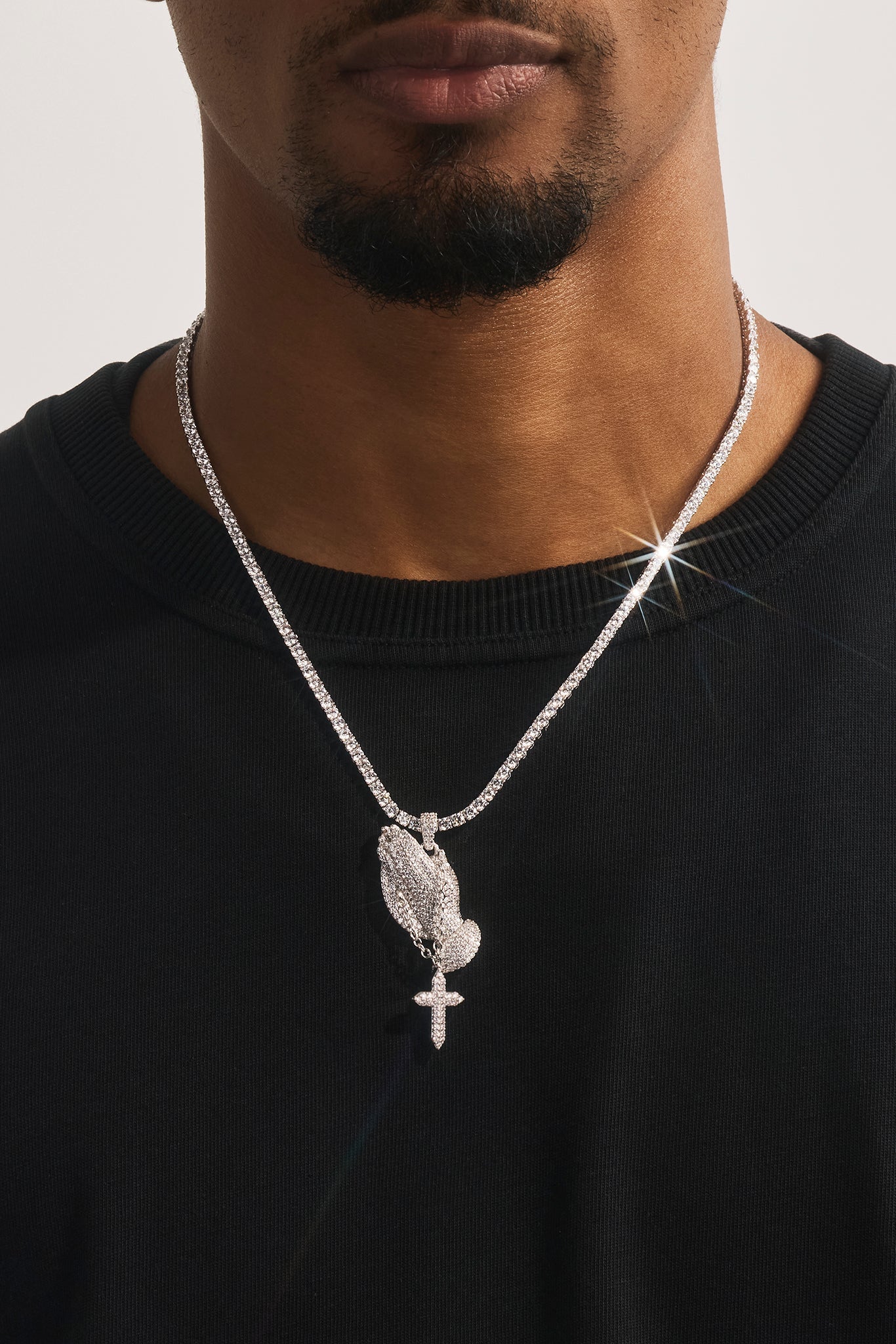 Iced Cross Praying Hands Pendant Tennis Necklace - 35mm - White