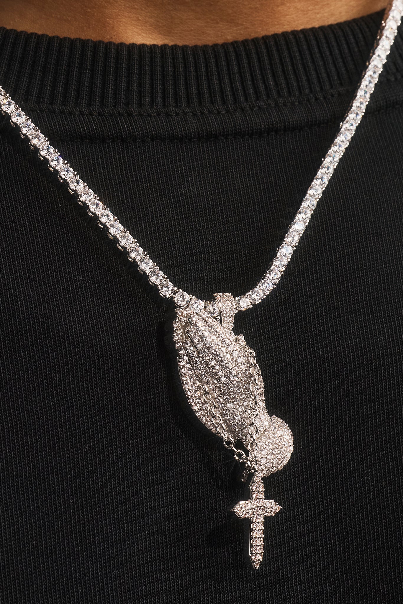 Iced Cross Praying Hands Pendant Tennis Necklace - 35mm - White