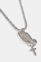 Iced Cross Praying Hands Pendant Tennis Necklace - 35mm - White