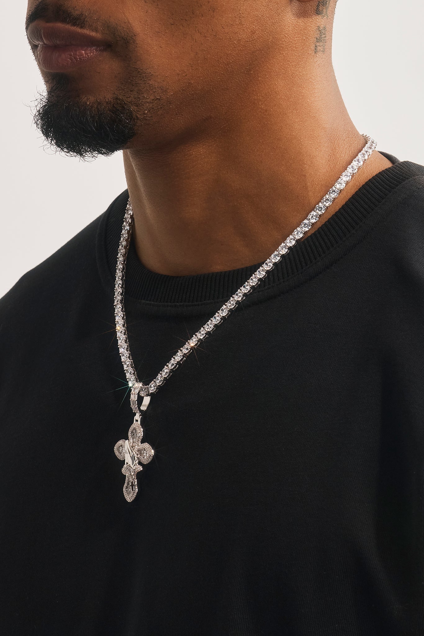 Iced Prayer Hand Cross Pendant Tennis Necklace - 40mm - White