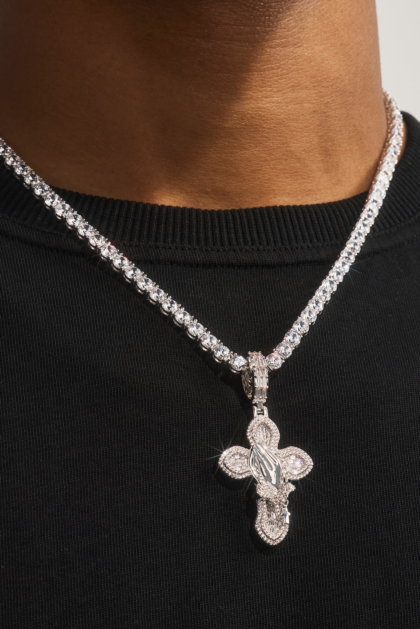 Iced Prayer Hand Cross Pendant Tennis Necklace - 40mm - White