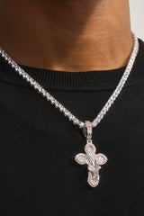Iced Prayer Hand Cross Pendant Tennis Necklace - 40mm - White