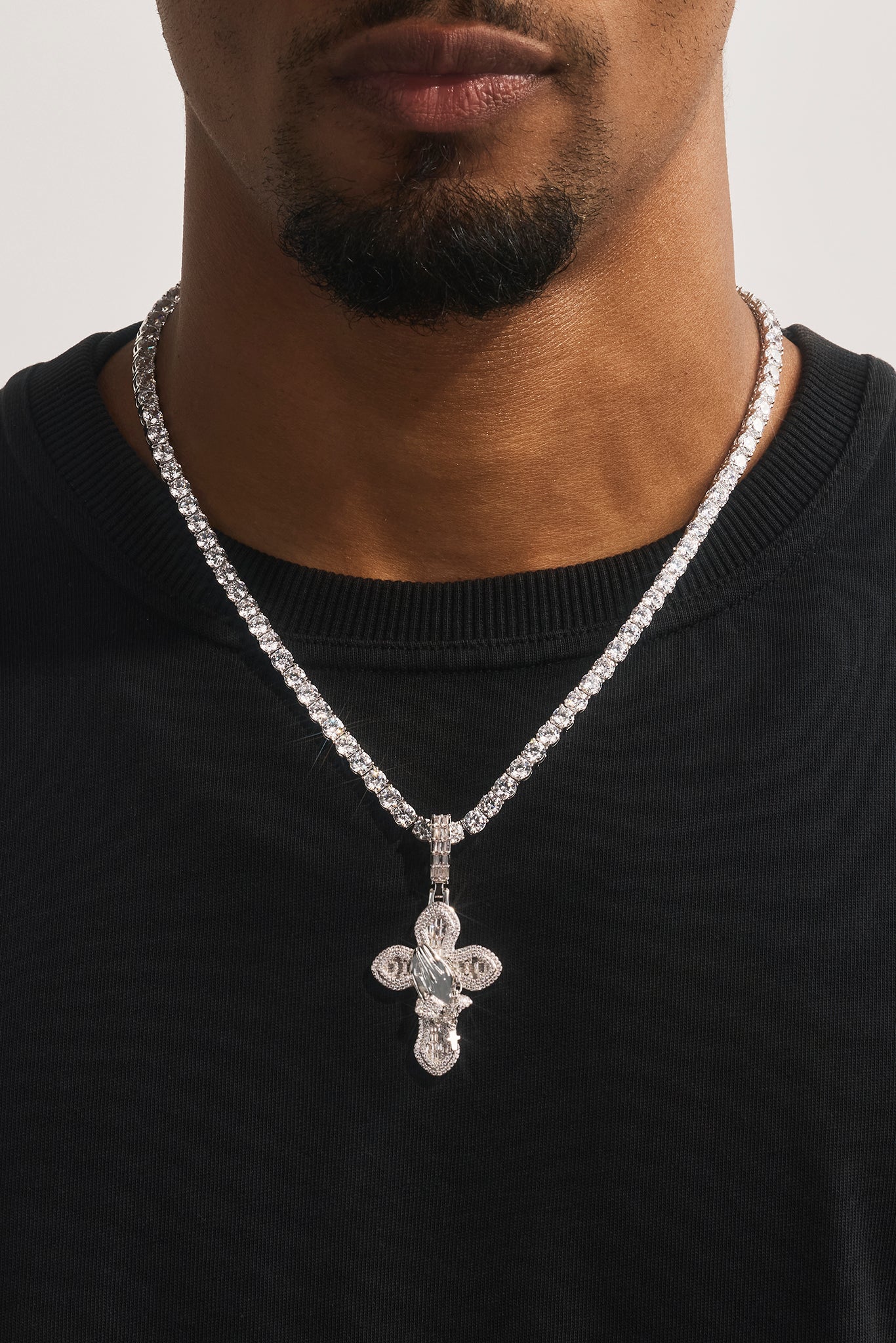 Iced Prayer Hand Cross Pendant Tennis Necklace - 40mm - White