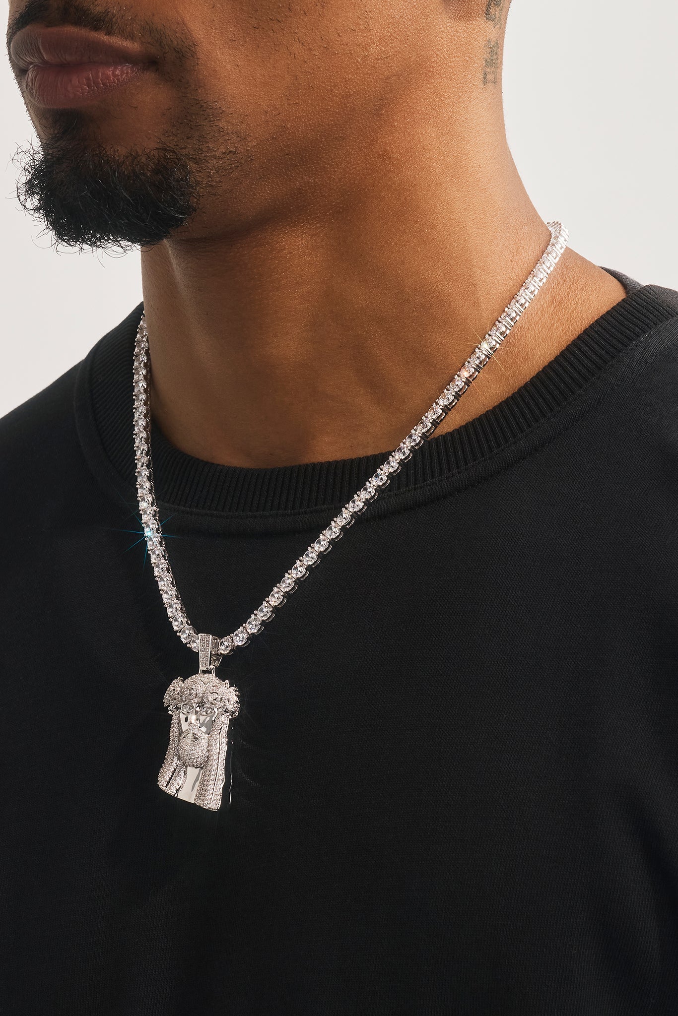 Iced Rose Portrait Pendant Tennis Necklace - 40mm - White