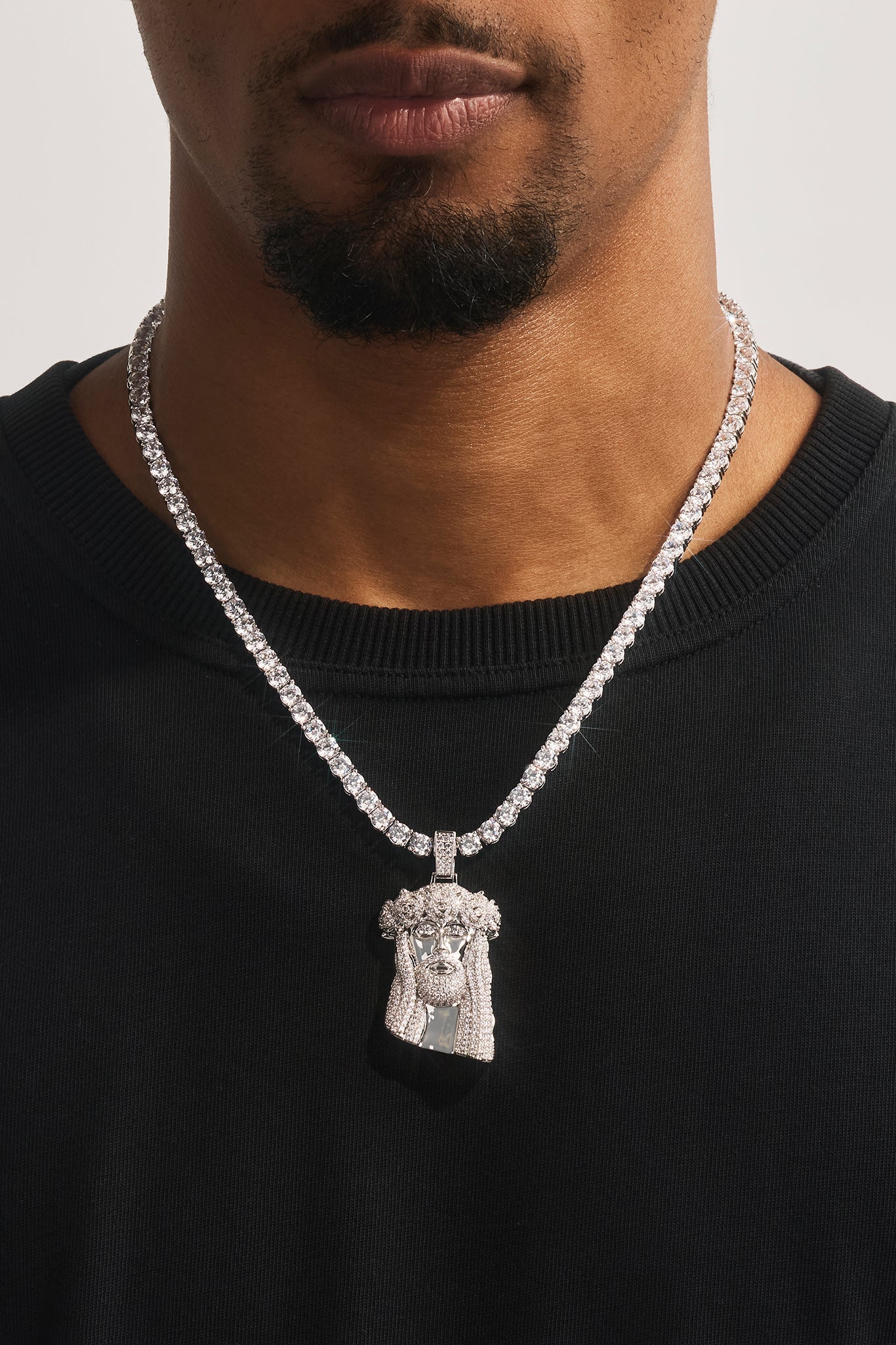 Iced Rose Portrait Pendant Tennis Necklace - 40mm - White