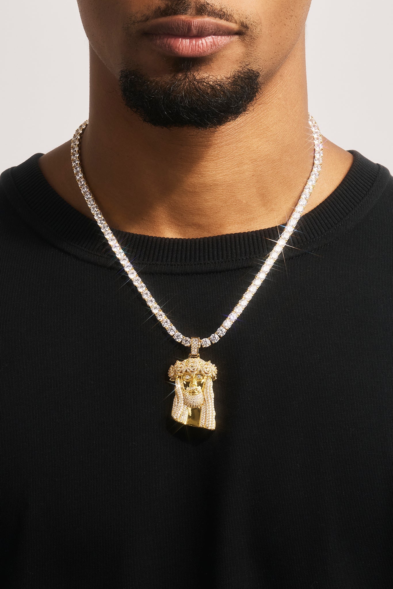 Iced Rose Portrait Pendant Tennis Necklace - 40mm - Gold