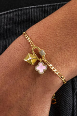 Iced Bar Pendant & Pink Enamel Motif Necklace & Bracelet - 10mm -  Gold