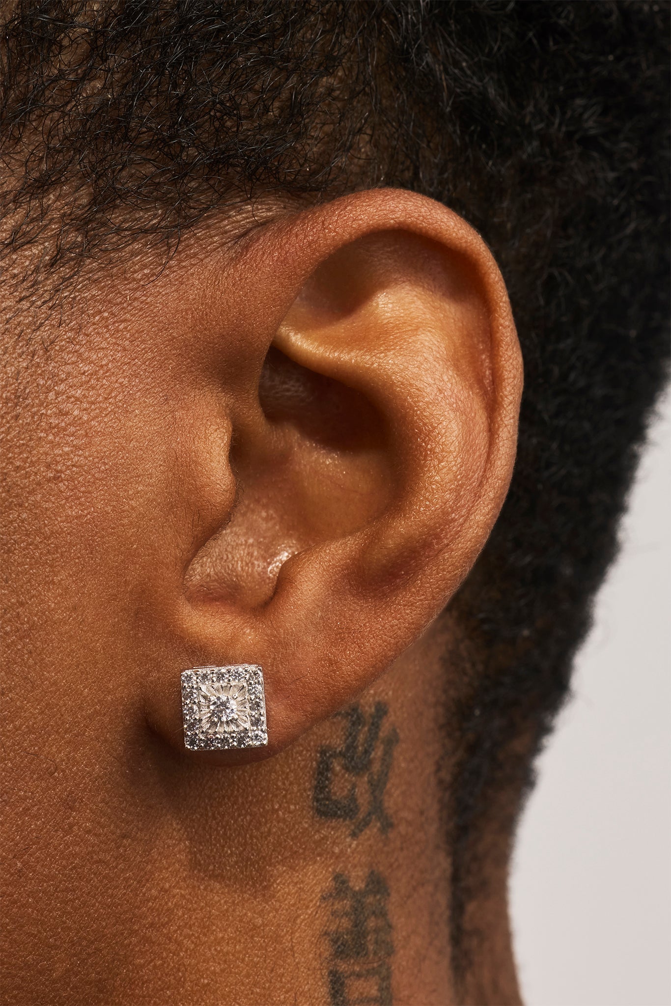 Iced Square CZ Centre Stud Earrings - 7mm - White