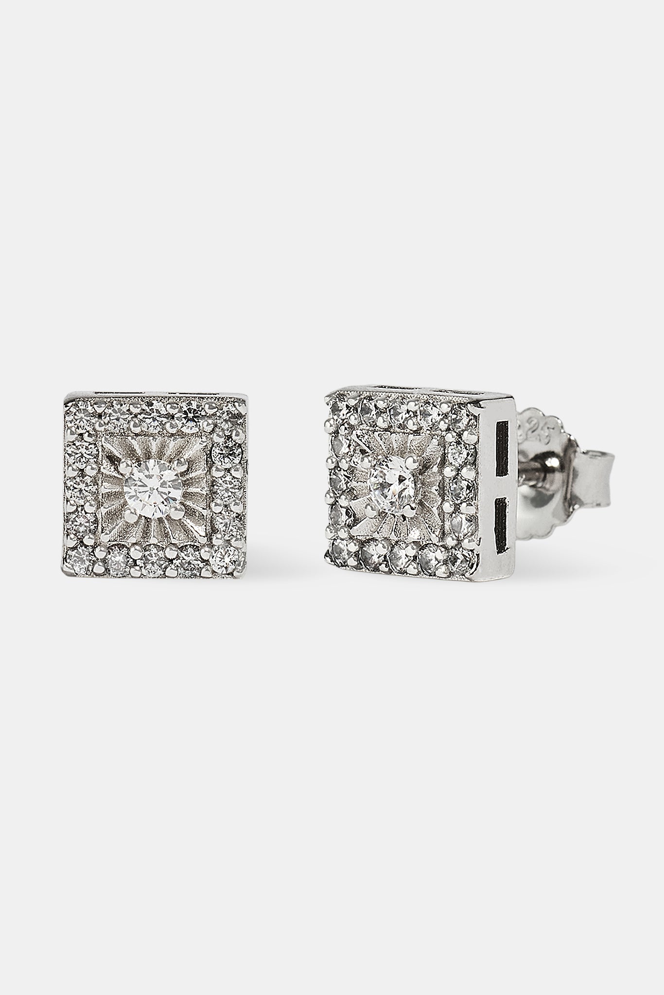 Iced Square CZ Centre Stud Earrings - 7mm - White
