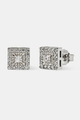 Iced Square CZ Centre Stud Earrings - 7mm - White