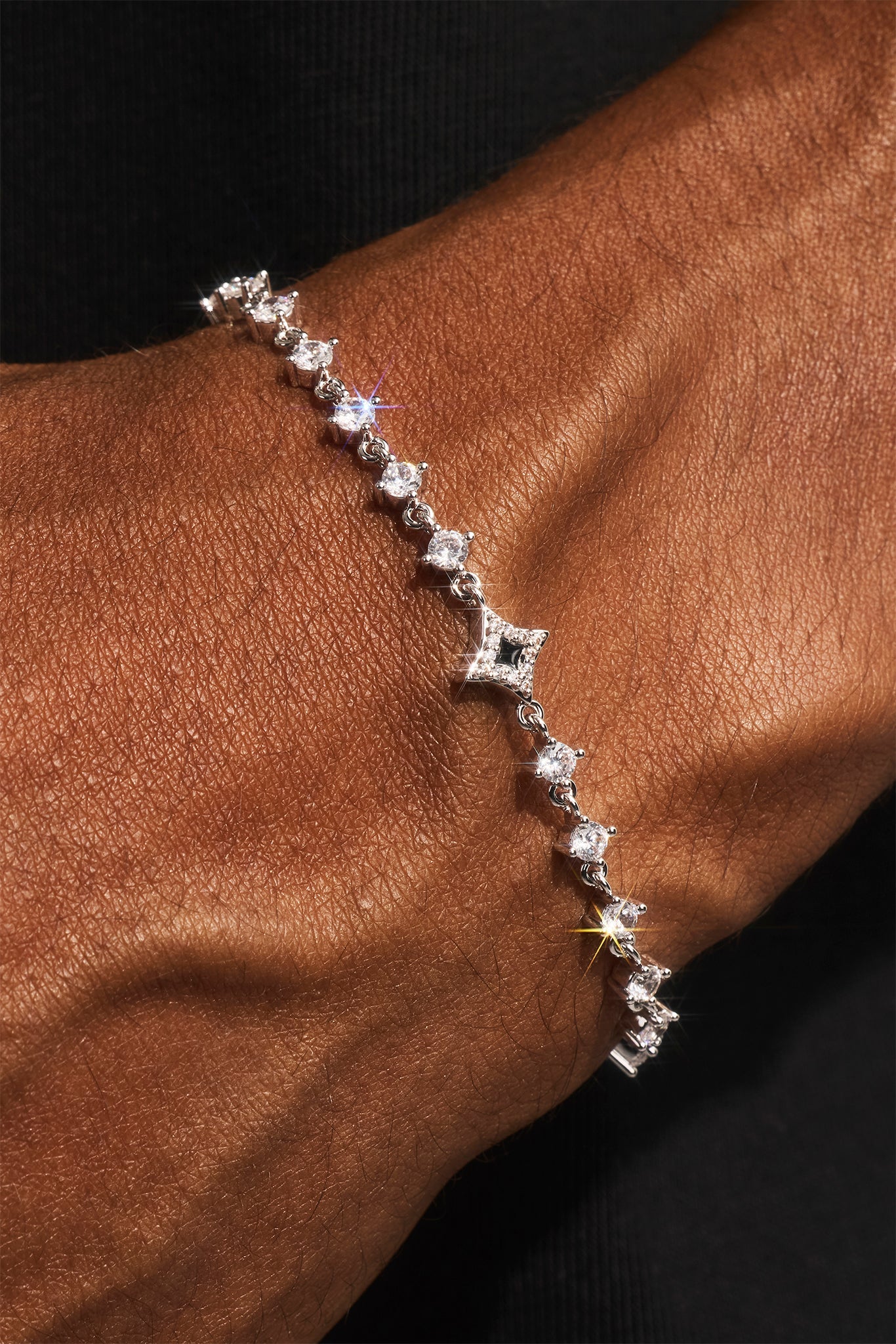 Black Enamel & CZ Stone Motif Bracelet - 6mm - White