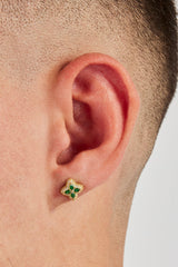 Iced Green Baguette Motif Stud Earrings - 8mm - Gold