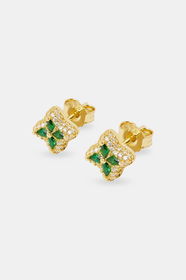 Iced Green Baguette Motif Stud Earrings - 8mm - Gold