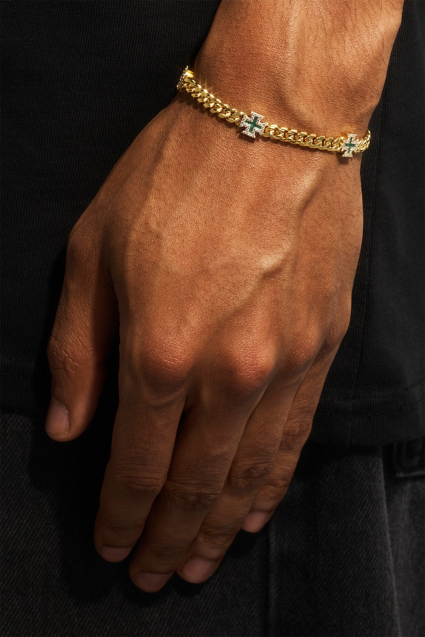 Polished & Green Iced Motif Miami Cuban Bracelet - 8mm - Gold