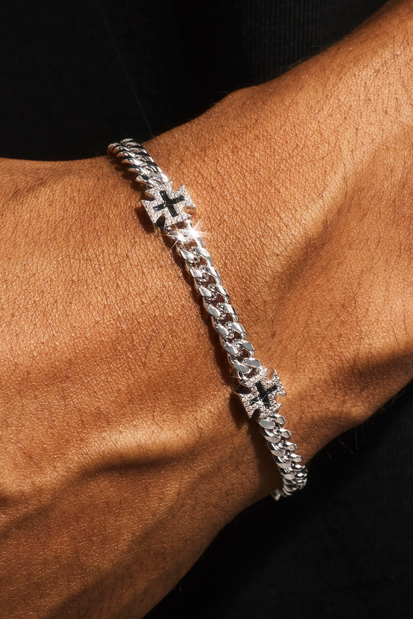 Polished & Black Iced Motif Miami Cuban Bracelet - 8mm - White