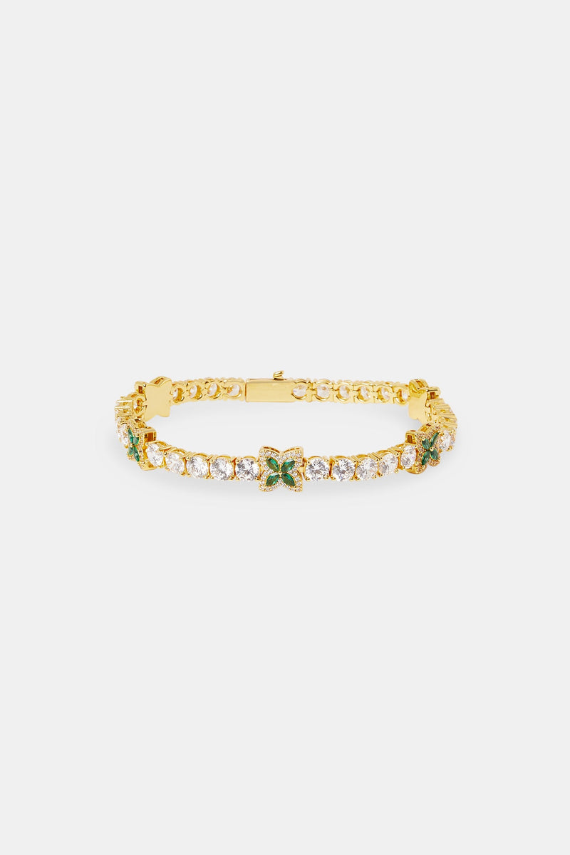 Iced Green Baguette Motif Tennis Bracelet - 5mm - Gold