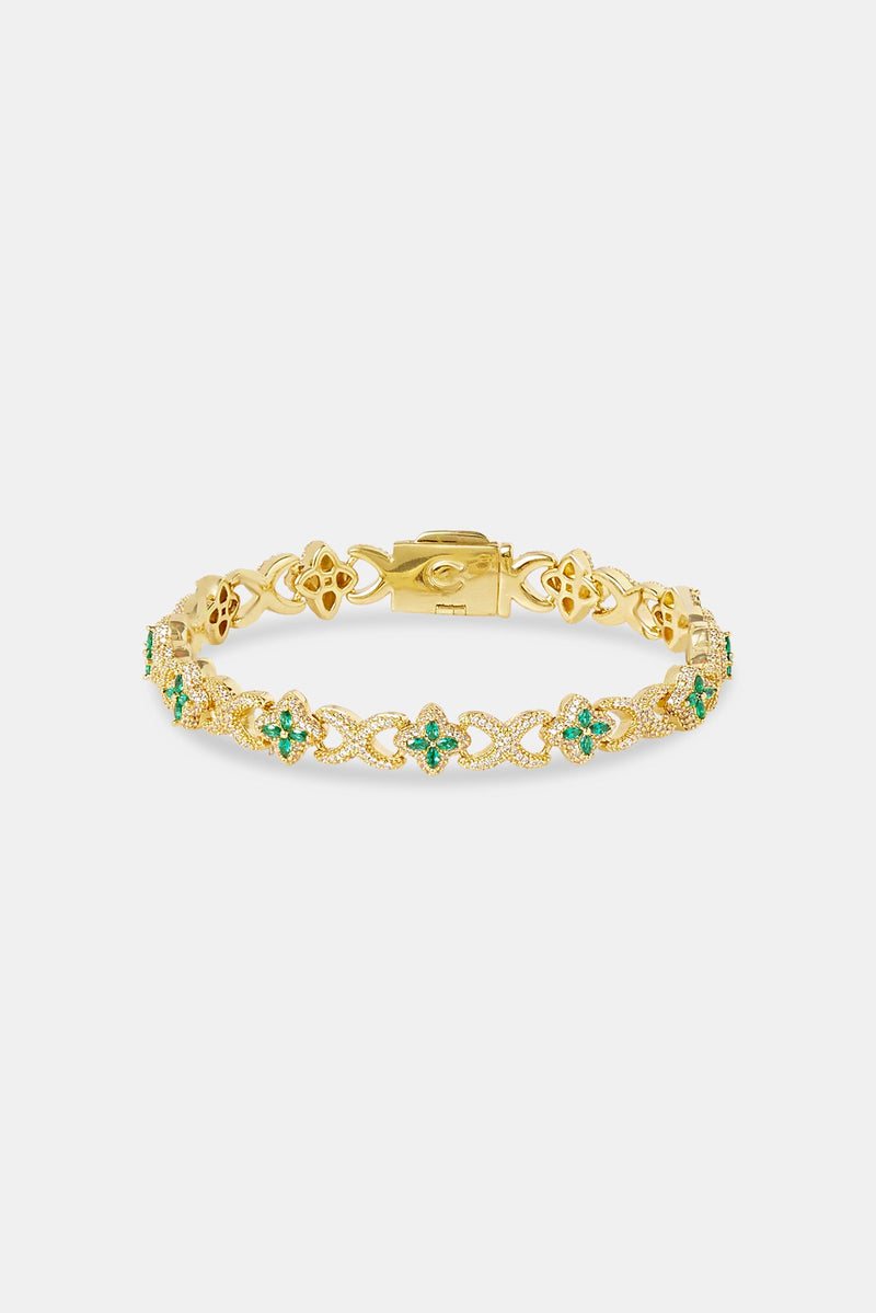 Iced Green Baguette Motif Infinity Bracelet - 10mm - Gold