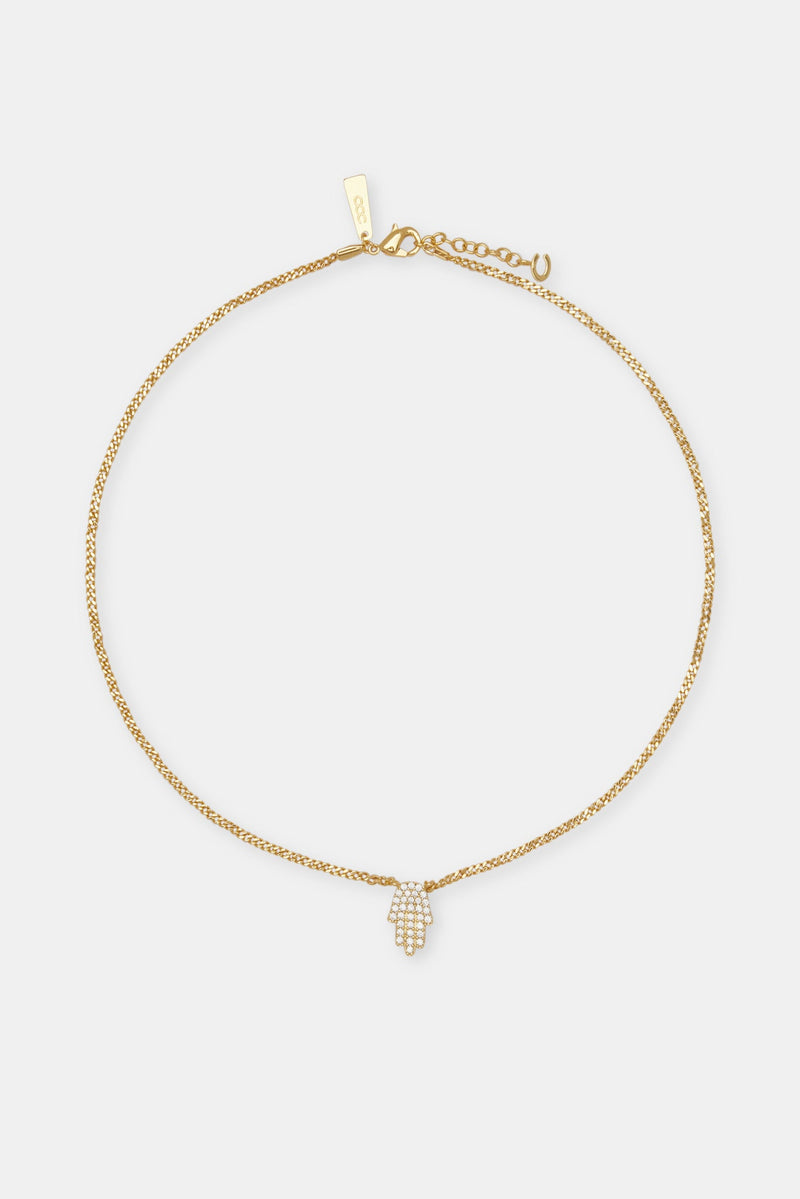 Iced Hamsa Hand Necklace - Gold