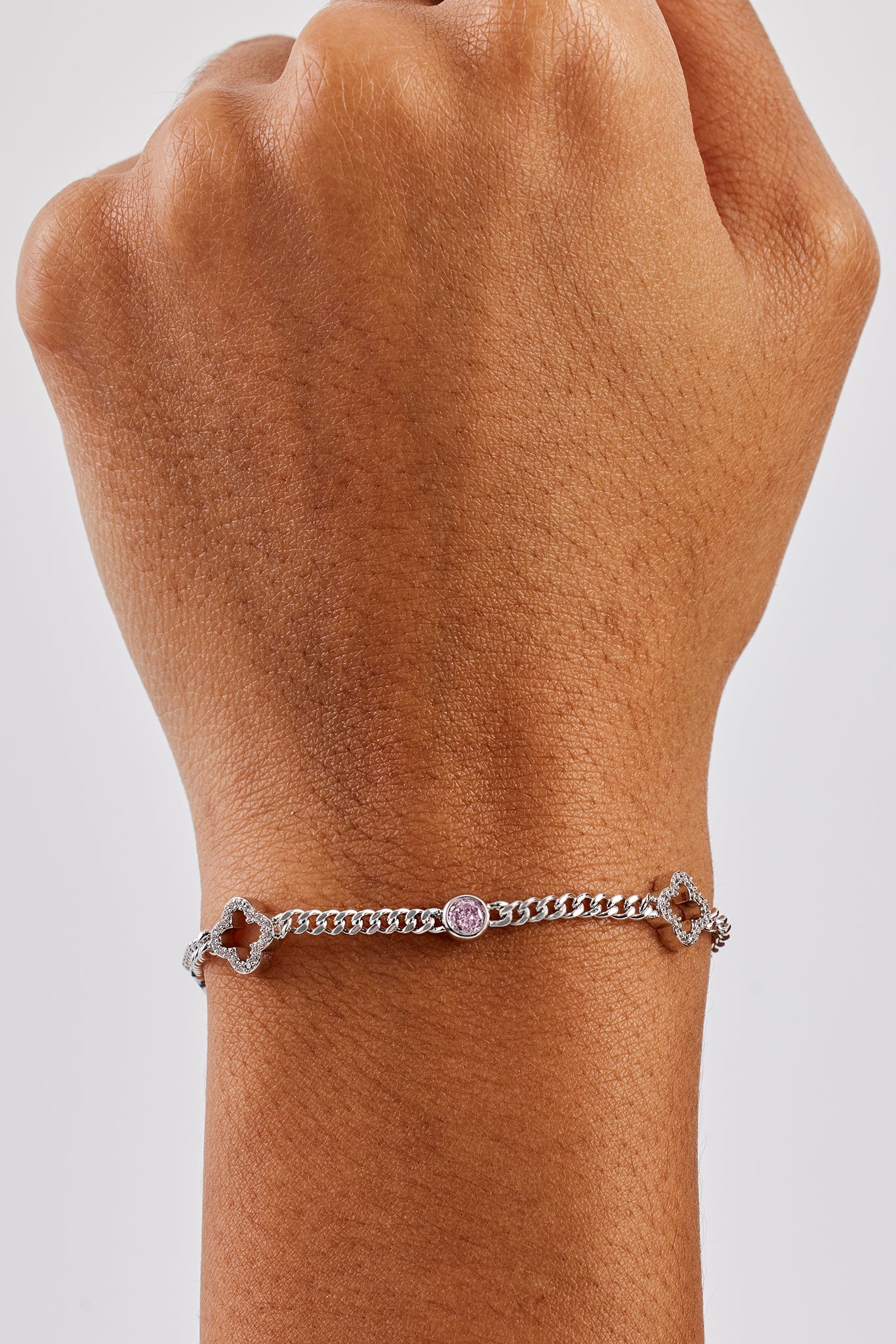 Iced Motif Outline & Pink Gemstone Micro Cuban Bracelet - 2.5mm - White