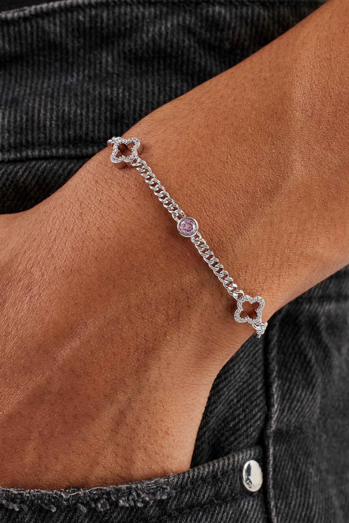 Iced Motif Outline & Pink Gemstone Micro Cuban Bracelet - 2.5mm - White