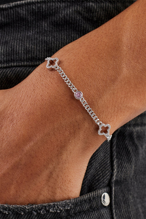 Iced Motif Outline & Pink Gemstone Micro Cuban Bracelet - 2.5mm - White