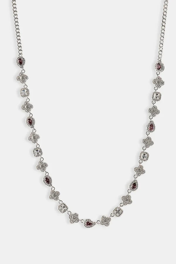 Iced Pink Multi Gemstone Cuban Bracelet & Chain - 3mm - White