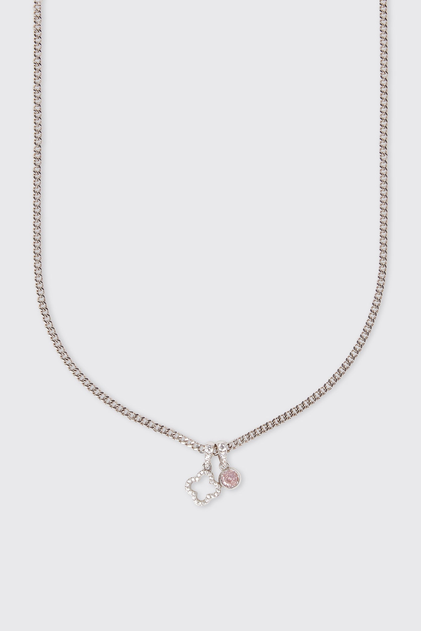 Iced Motif Outline & Pink Gemstone Necklace - 10mm - White