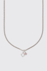 Iced Motif Outline & Pink Gemstone Necklace - 10mm - White