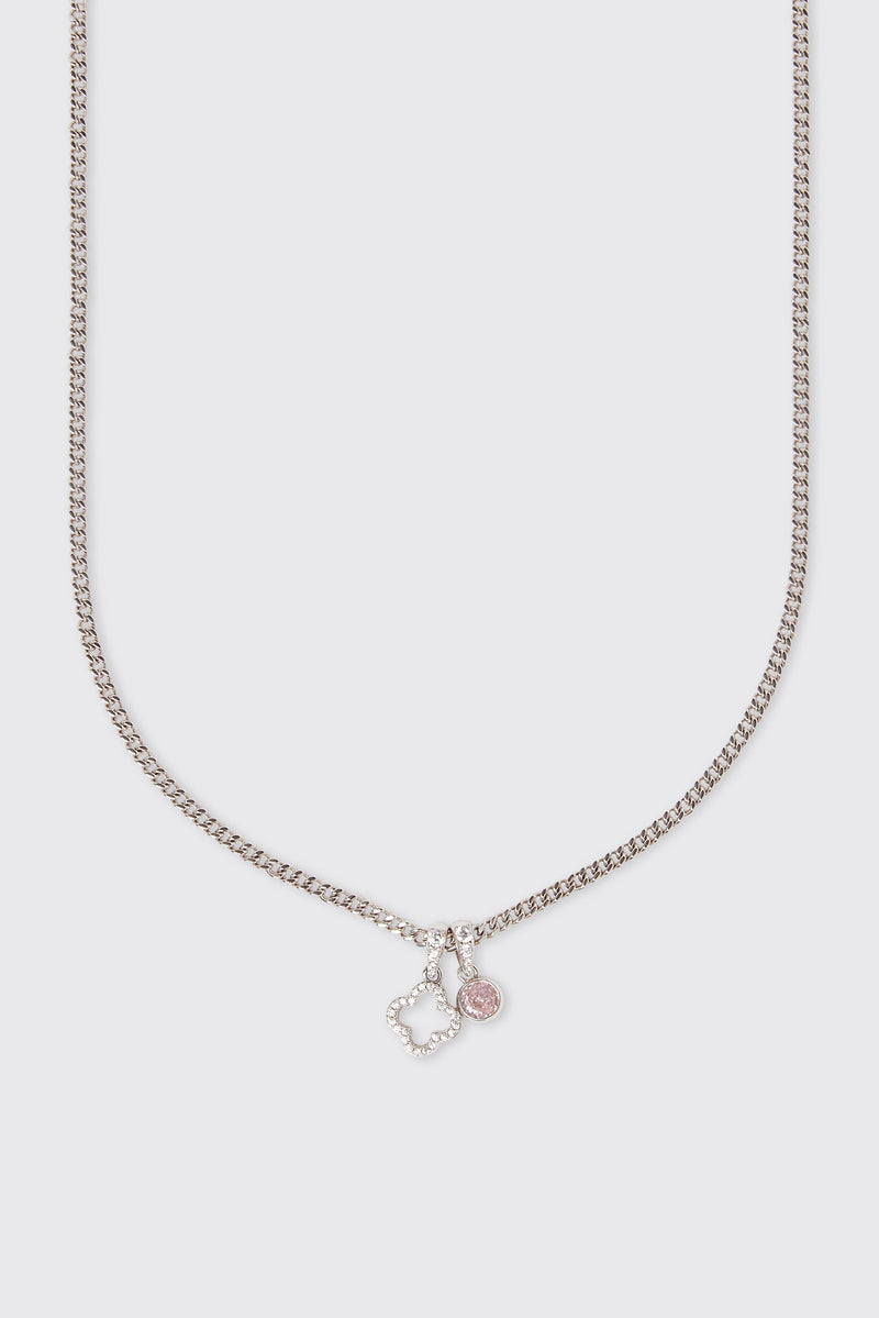 Iced Motif Outline & Pink Gemstone Necklace - 10mm - White