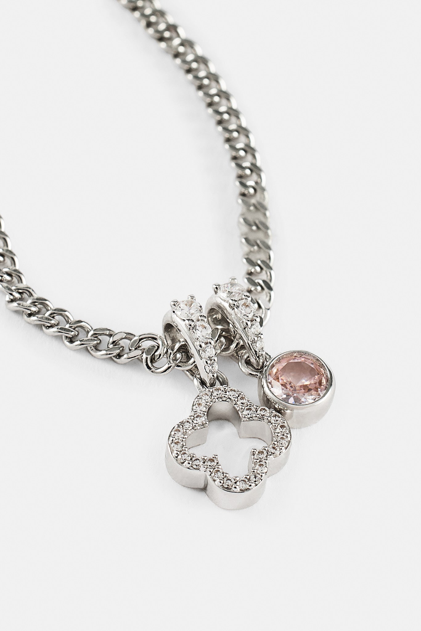 Iced Motif Outline & Pink Gemstone Necklace - 10mm - White