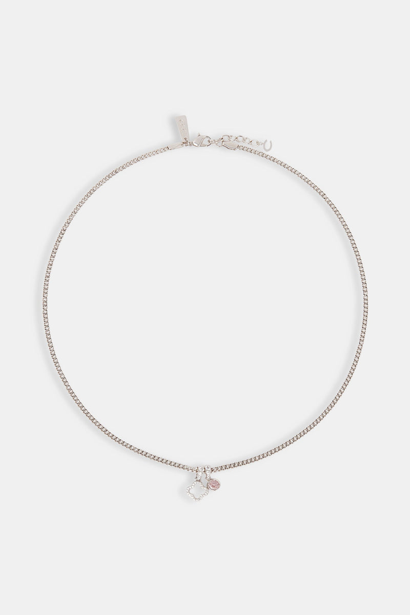 Iced Motif Outline & Pink Gemstone Necklace - 10mm - White