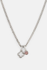 Iced Motif Outline & Pink Gemstone Necklace - 10mm - White