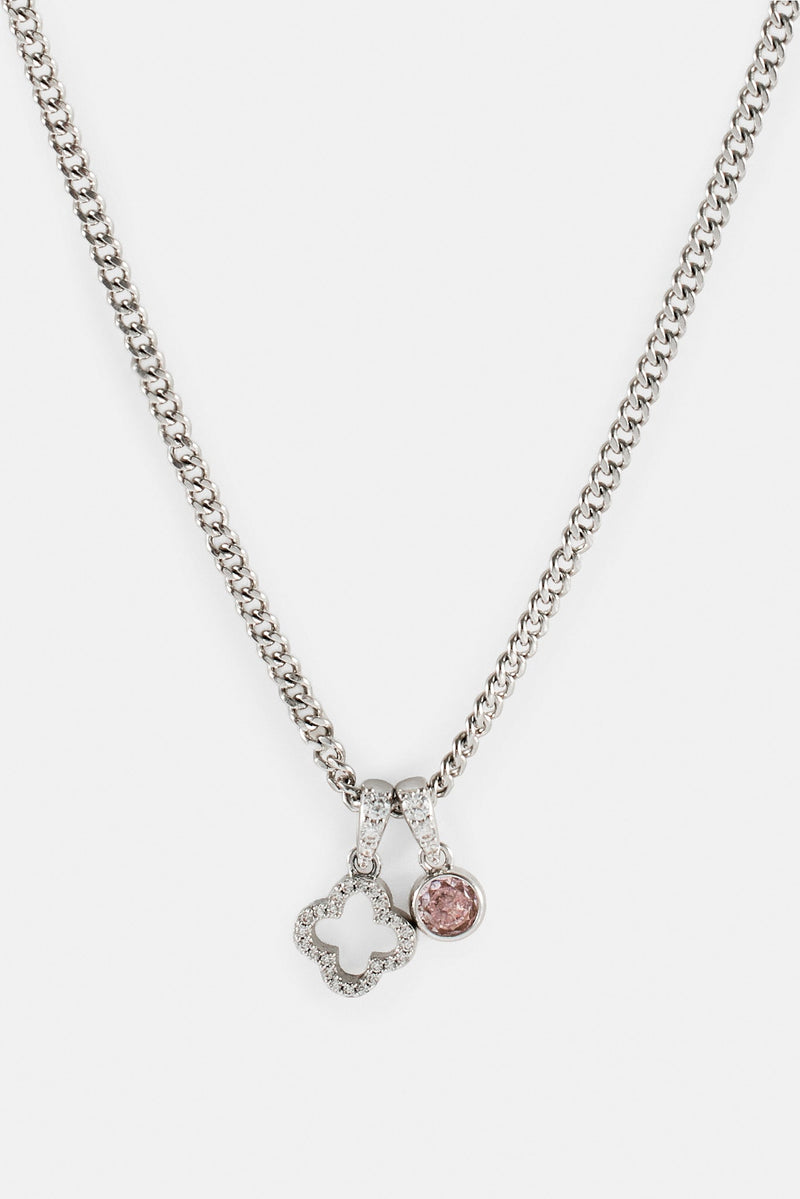 Iced Motif Outline & Pink Gemstone Necklace - 10mm - White