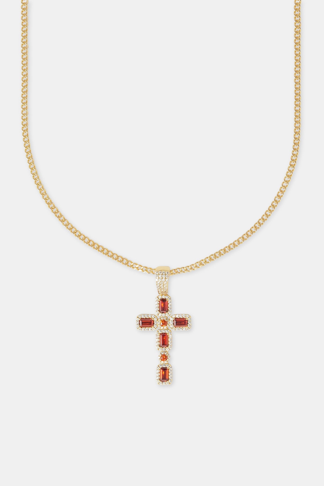 Iced Red Gemstone Cross Cuban Necklace - 40mm