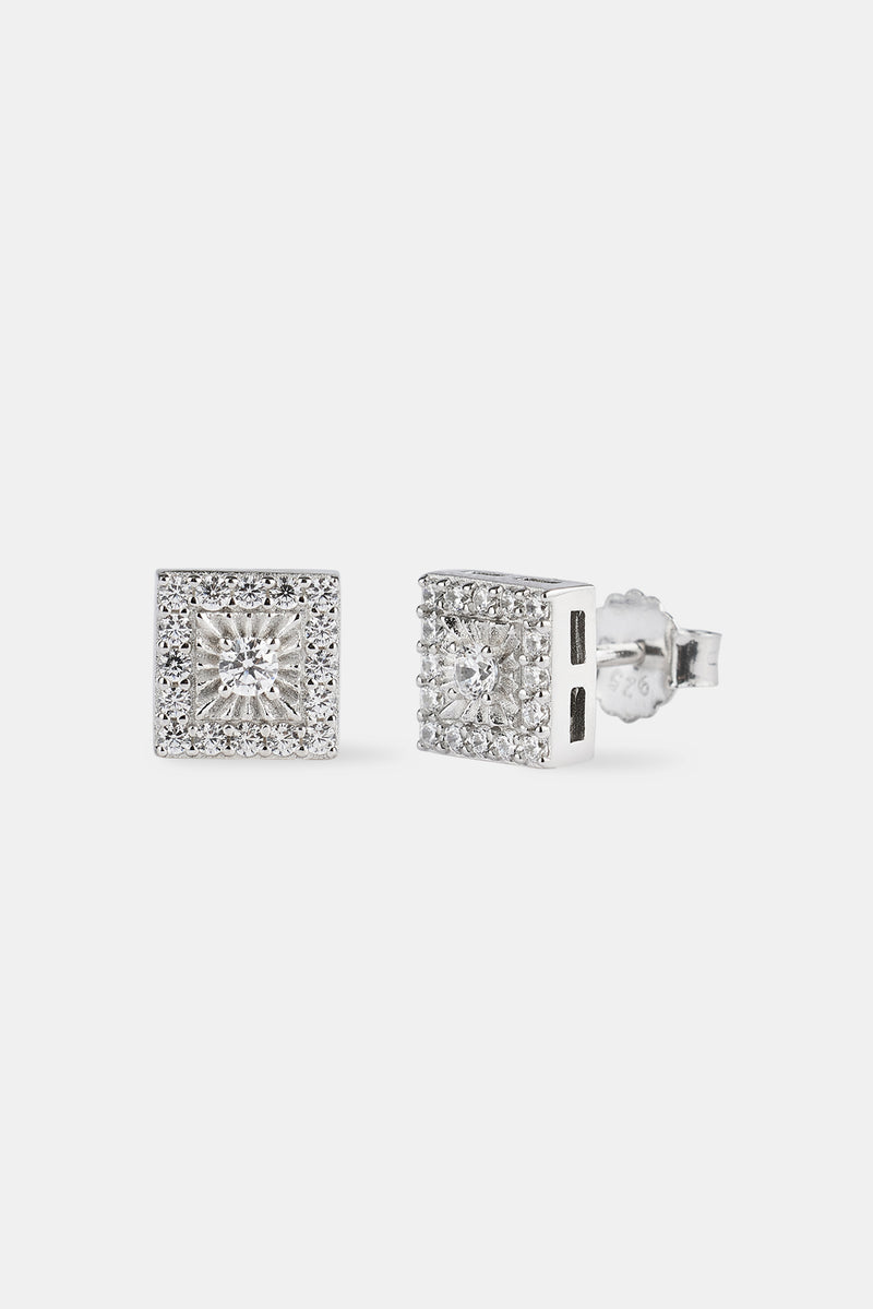 Iced Square Centre Stone Stud Earrings - 8mm
