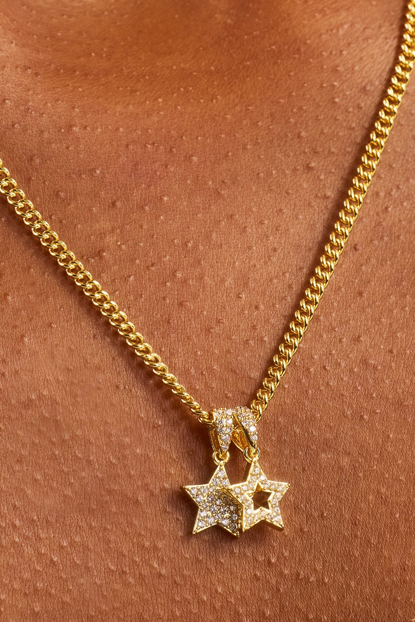 CZ Star & Outline Motif Necklace - 10mm - Gold