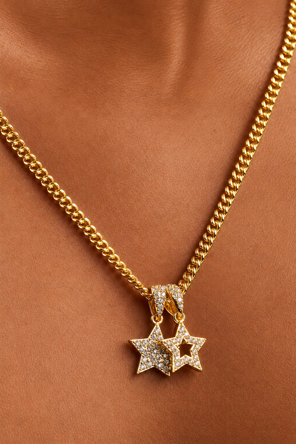 CZ Star & Outline Motif Necklace - 10mm - Gold