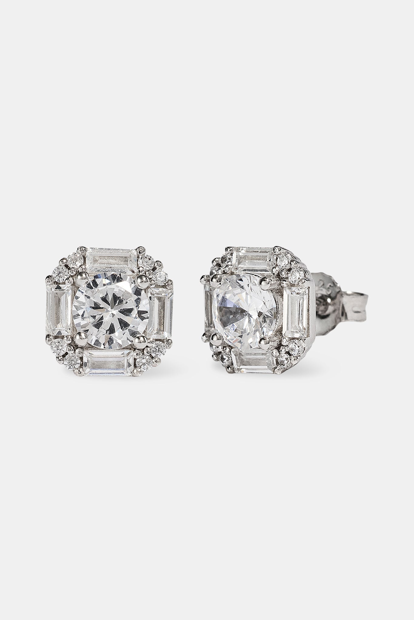 Iced CZ Baguette Square Stud Earrings - 10mm - White