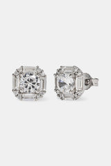 Iced CZ Baguette Square Stud Earrings - 10mm - White