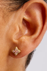 Iced Pink Floral Stud Earrings - 8mm - Gold