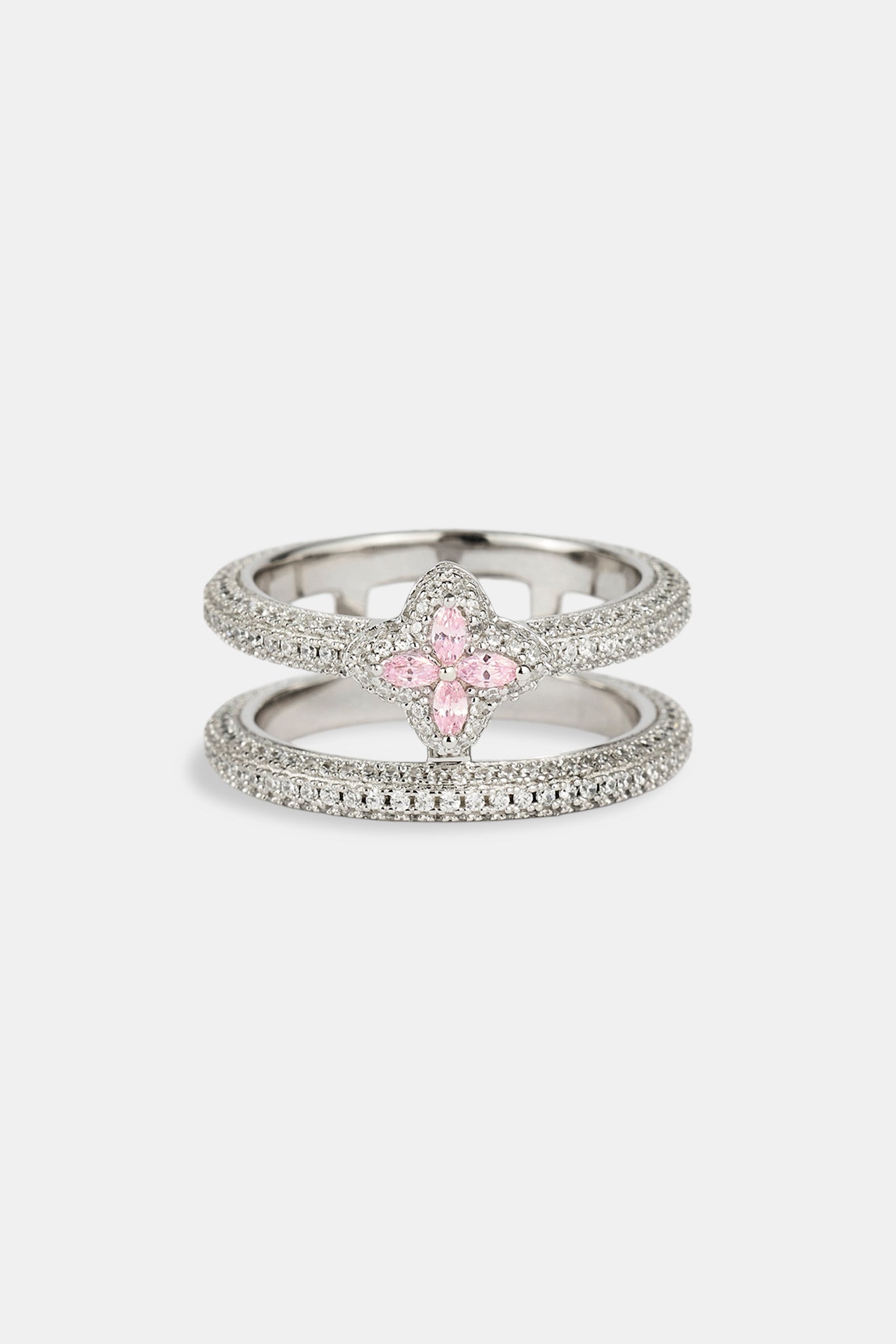 Iced Motif Double Band Row Ring - White