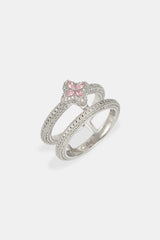 Iced Motif Double Band Row Ring - White