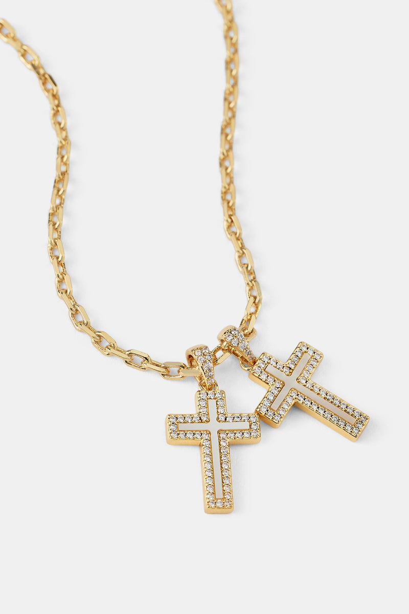 Mother Of Pearl Double Cross Necklace - 15mm - Gold