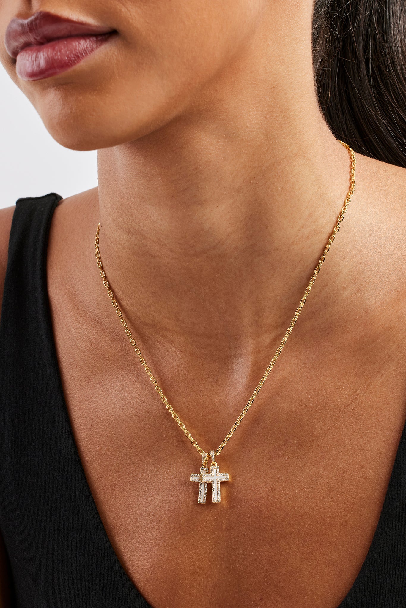 Mother Of Pearl Double Cross Necklace - 15mm - Gold