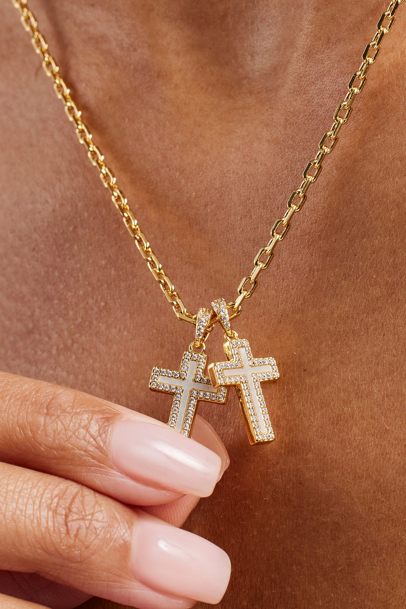 Mother Of Pearl Double Cross Necklace - 15mm - Gold